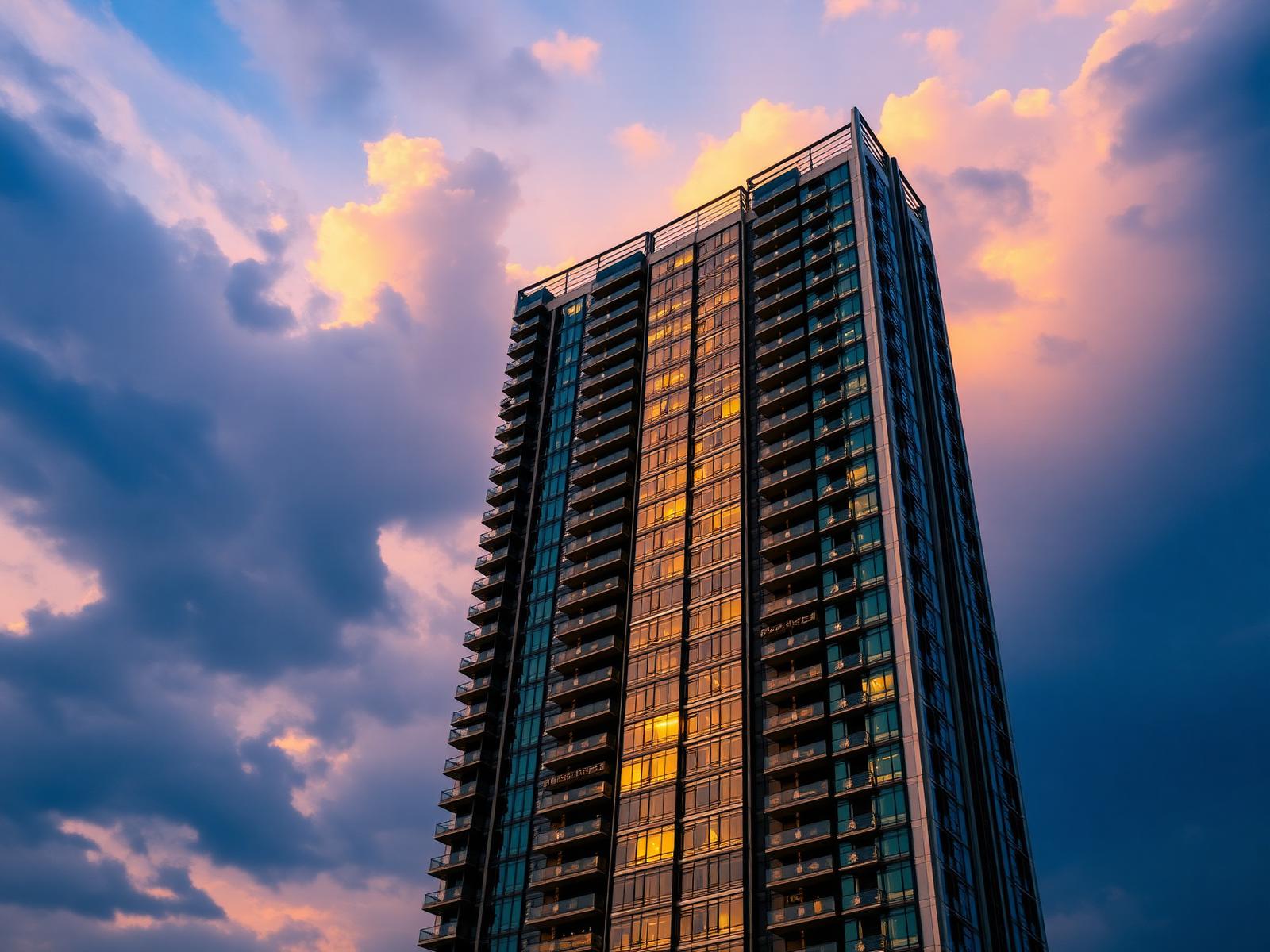 Modern condominium tower at golden hour